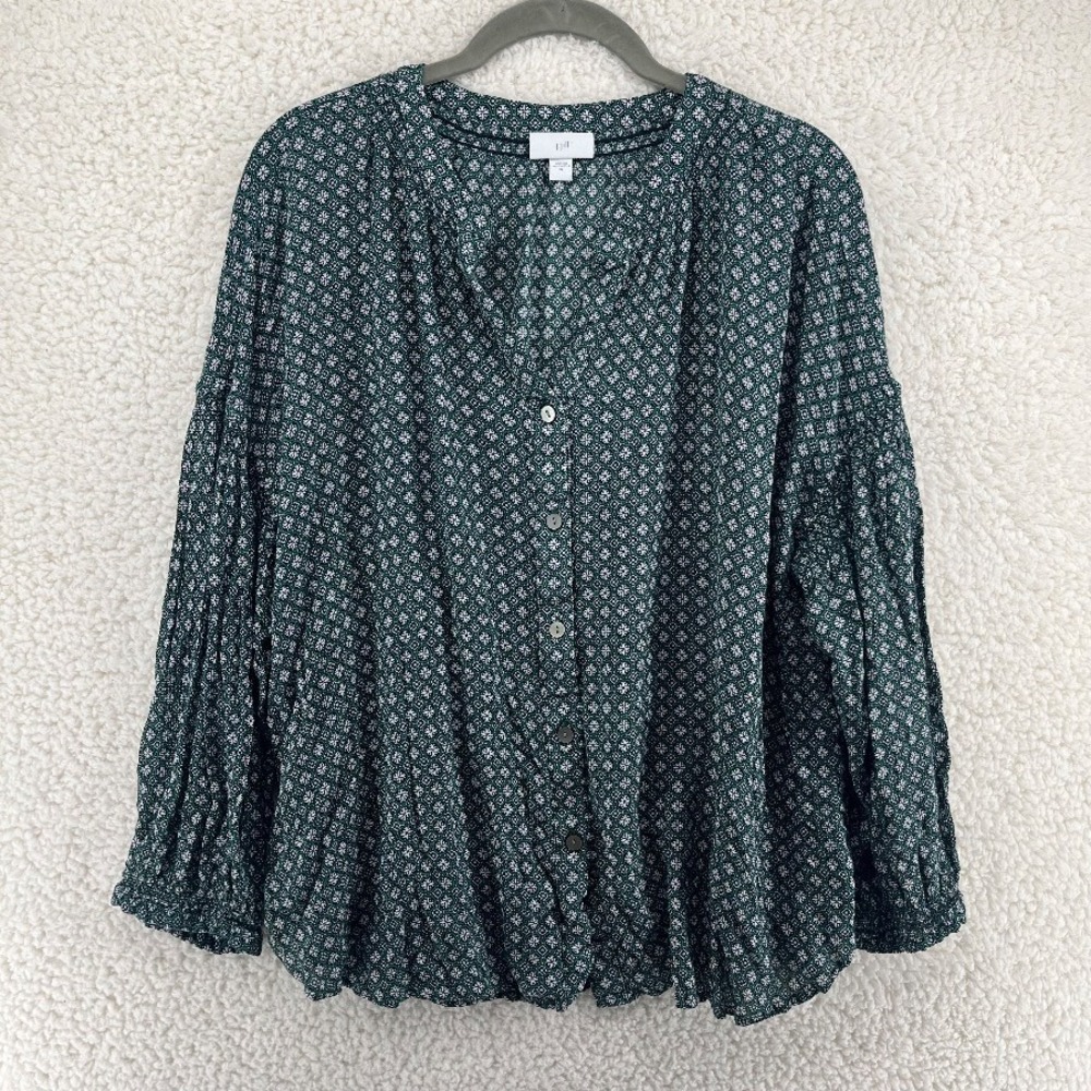 J Jill Green Floral Geometric Rayon Button Front Blouse Peplum Boho Womens XL